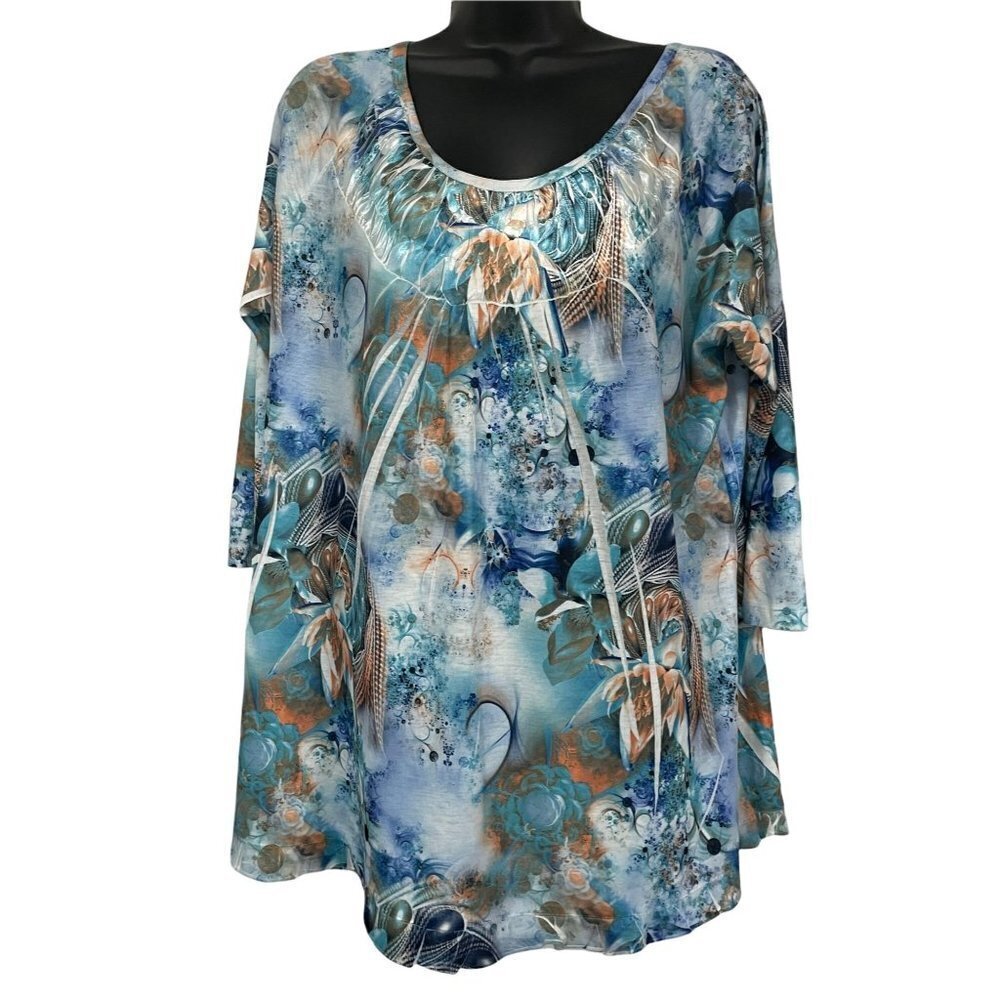 Simply‎ Irresistible Tunic Top Sublimation Blue Orange 3/4 Sleeve